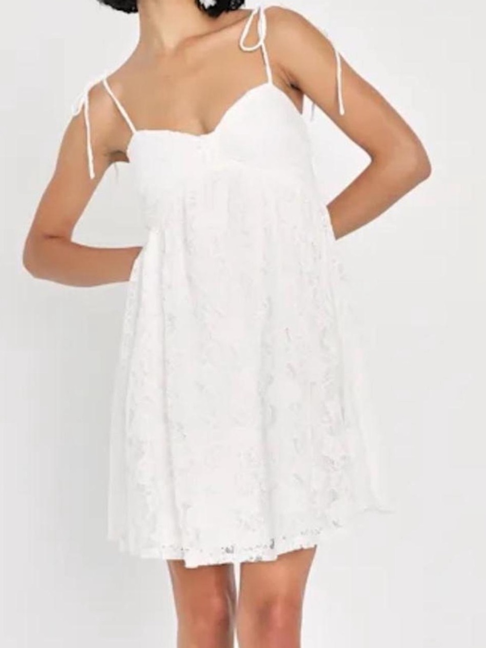 Lulus Angelic Admiration White Lace Tie-Shoulder Babydoll Mini Dress